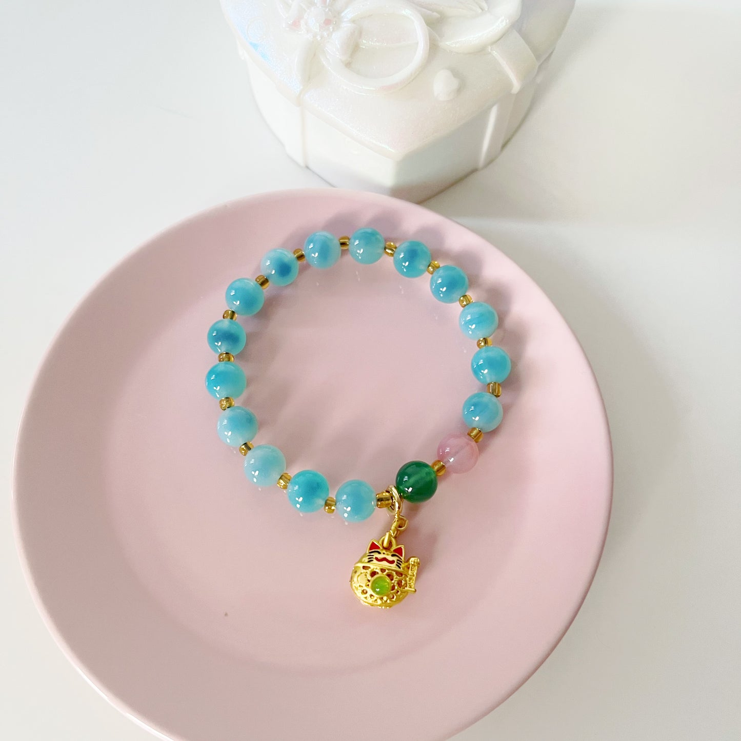 Fancy Colored Agate Cat Beads Bracelet