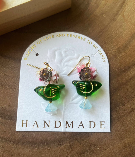 Green Bird Glass Earrings